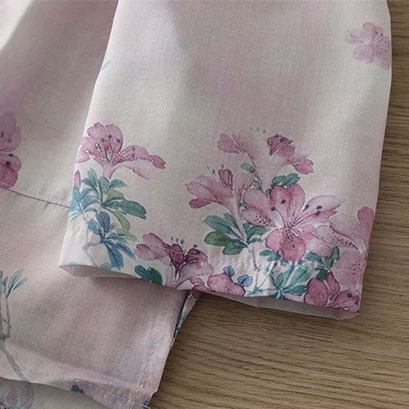 Buddha Stones Camisa de algodón para mujer, manga larga, cuello alto, botones de rana, estampado floral morado y hojas verdes de otoño - image 9