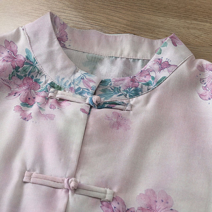 Buddha Stones Camisa de algodón para mujer, manga larga, cuello alto, botones de rana, estampado floral morado y hojas verdes de otoño - image 3