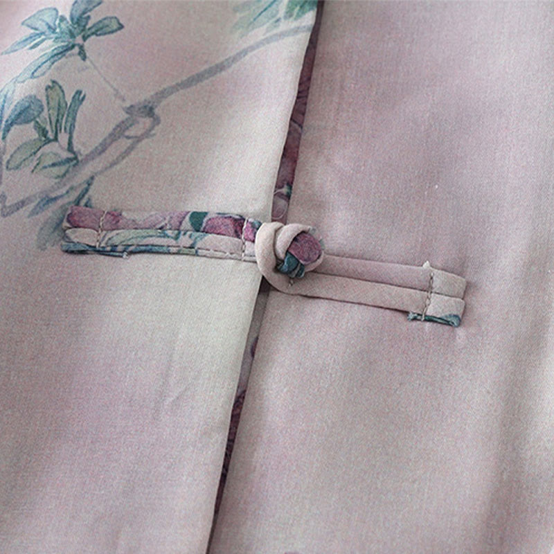 Buddha Stones Camisa de algodón para mujer, manga larga, cuello alto, botones de rana, estampado floral morado y hojas verdes de otoño - image 5