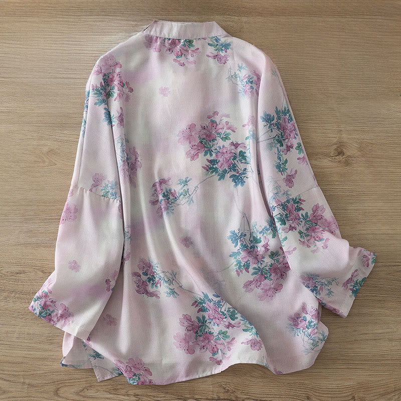 Buddha Stones Camisa de algodón para mujer, manga larga, cuello alto, botones de rana, estampado floral morado y hojas verdes de otoño - image 1