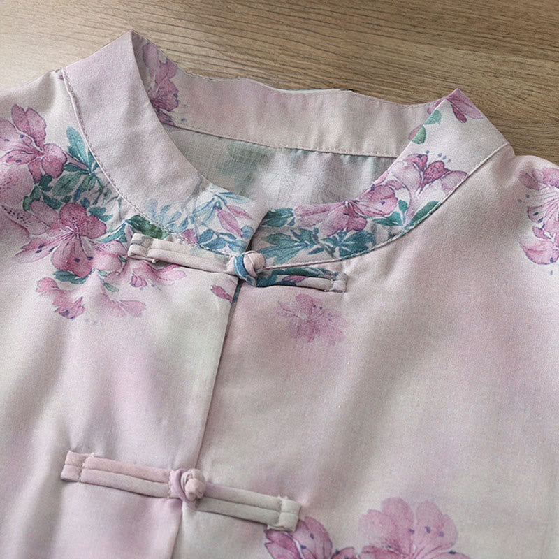 Buddha Stones Camisa de algodón para mujer, manga larga, cuello alto, botones de rana, estampado floral morado y hojas verdes de otoño - image 3