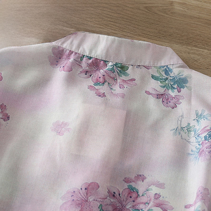 Buddha Stones Camisa de algodón para mujer, manga larga, cuello alto, botones de rana, estampado floral morado y hojas verdes de otoño - image 4