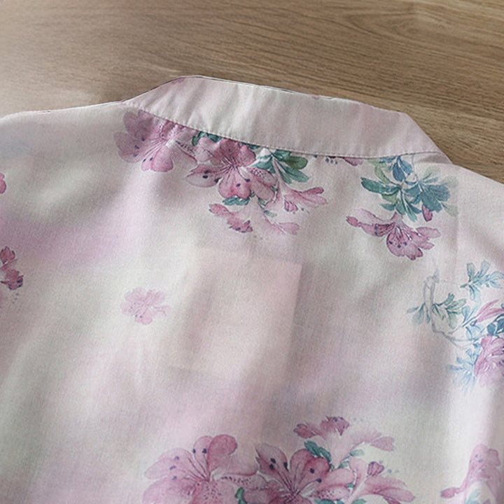 Buddha Stones Camisa de algodón para mujer, manga larga, cuello alto, botones de rana, estampado floral morado y hojas verdes de otoño - image 4