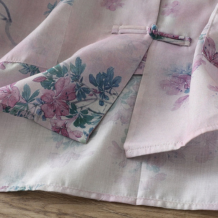 Buddha Stones Camisa de algodón para mujer, manga larga, cuello alto, botones de rana, estampado floral morado y hojas verdes de otoño - image 7