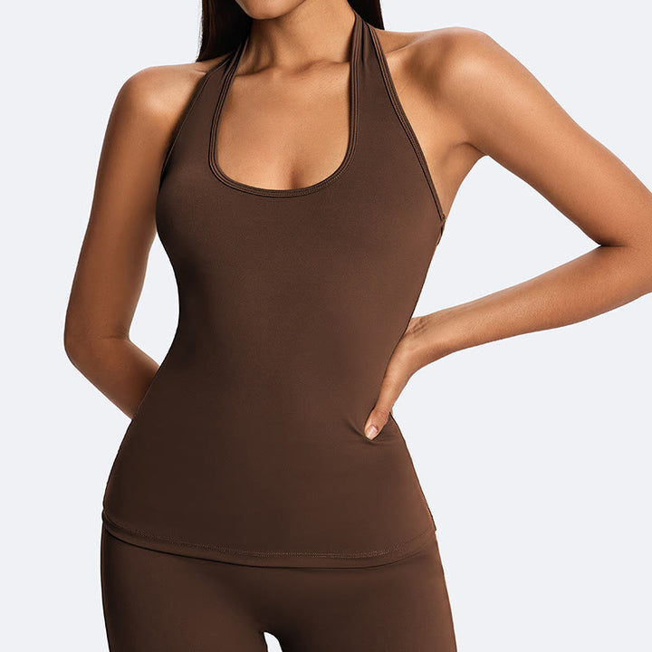 Buddha Stones Top corto liso con cuello halter, espalda descubierta, sin mangas, pantalones de pierna recta para deportes, fitness y yoga. - SaddleBrown (solo la parte superior) - US14，UK/AU18，EU46 (2XL) - image 1