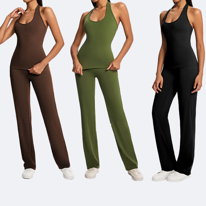 Buddha Stones Top corto liso con cuello halter, espalda descubierta, sin mangas, pantalones de pierna recta para deportes, fitness y yoga. - image 28