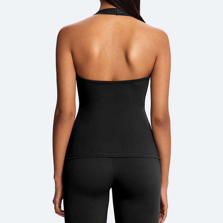 Buddha Stones Top corto liso con cuello halter, espalda descubierta, sin mangas, pantalones de pierna recta para deportes, fitness y yoga. - image 22