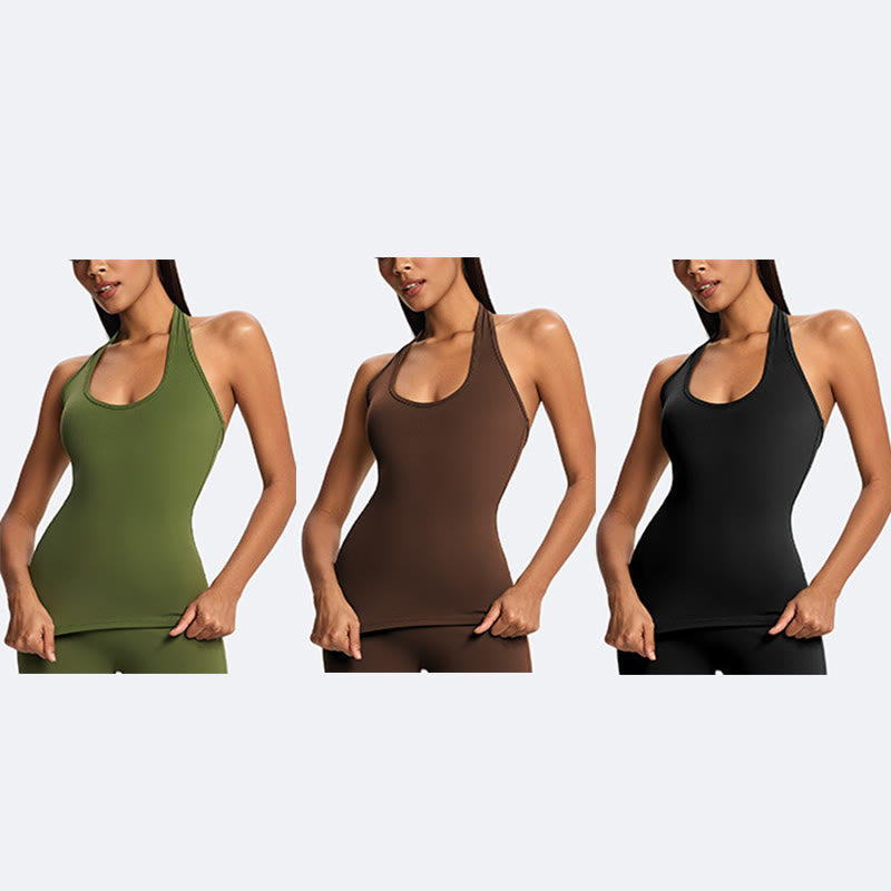 Buddha Stones Top corto liso con cuello halter, espalda descubierta, sin mangas, pantalones de pierna recta para deportes, fitness y yoga. - image 27