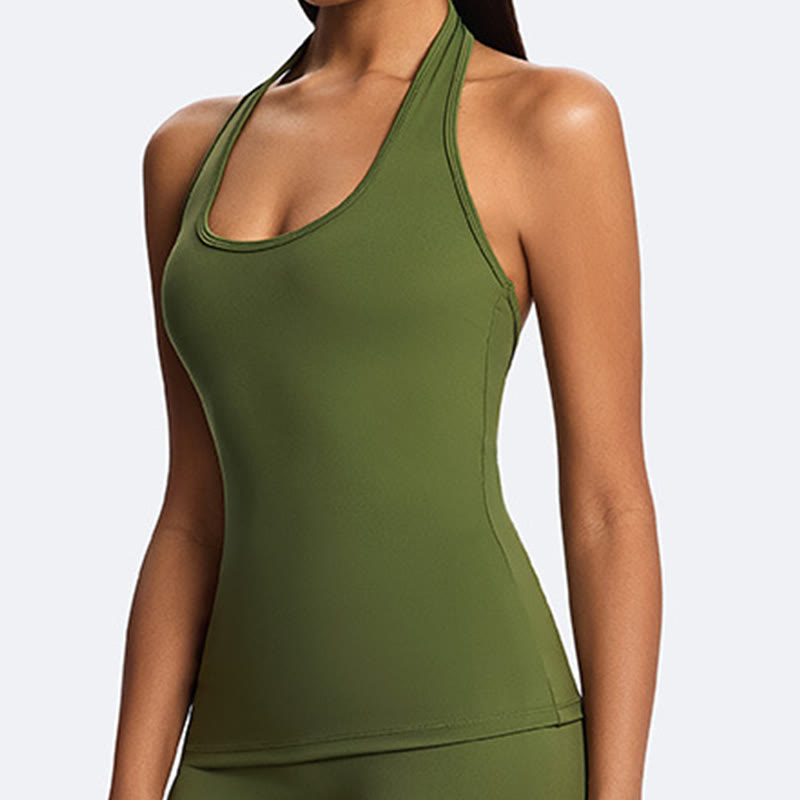 Buddha Stones Top corto liso con cuello halter, espalda descubierta, sin mangas, pantalones de pierna recta para deportes, fitness y yoga. - image 8
