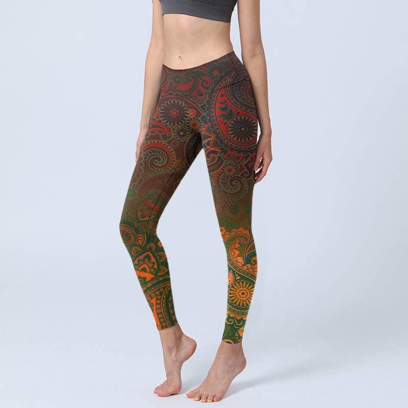 Buddha Stones Leggings deportivos con estampado de cachemira y flores de anacardo para mujer - SaddleBrown - US18，UK/AU22，EU50 (4XL) - image 0