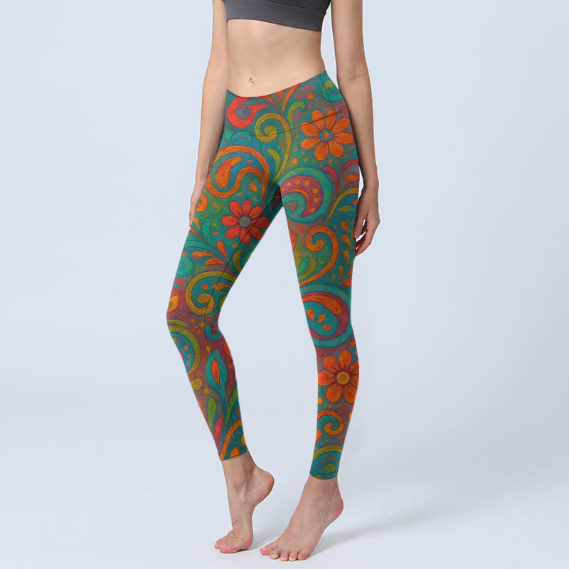 Buddha Stones Leggings de yoga para mujer con estampado floral vibrante y remolino de cachemira - Aguamarina medio - US18，UK/AU22，EU50 (4XL) - image 0