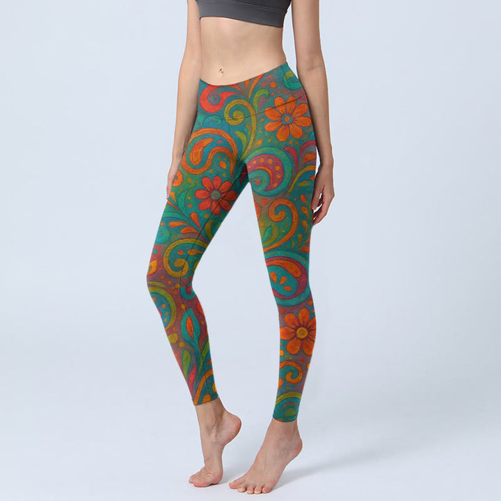 Buddha Stones Leggings de yoga para mujer con estampado floral vibrante y remolino de cachemira - Aguamarina medio - US18，UK/AU22，EU50 (4XL) - image 0