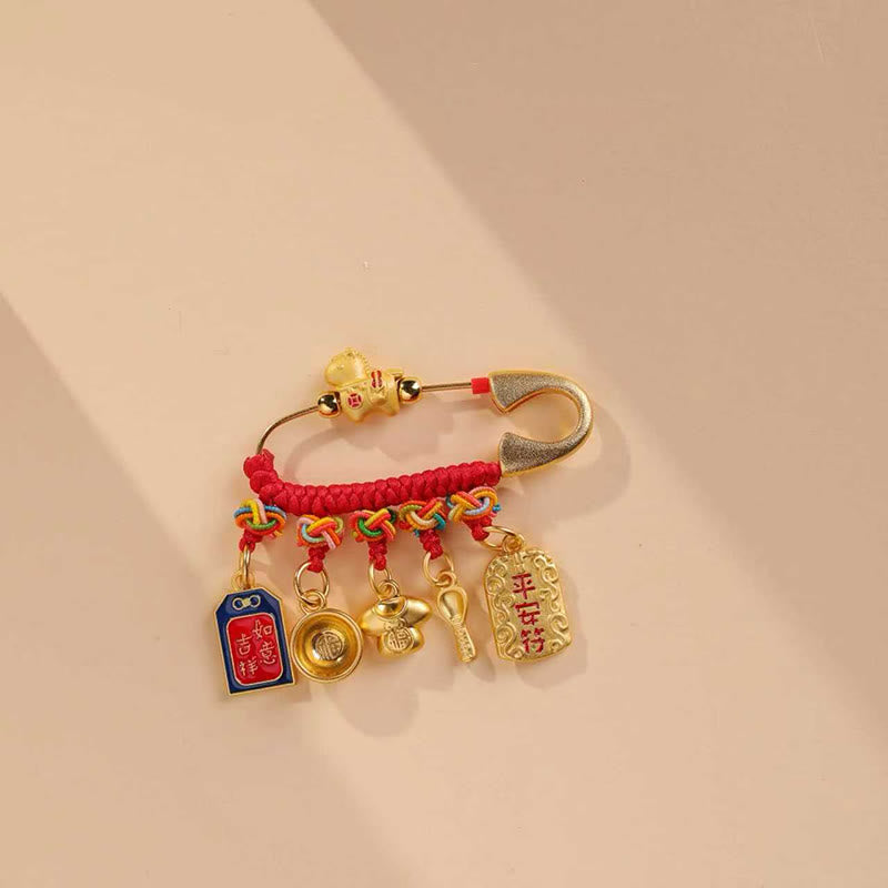 Buddha Stones Broche de la suerte con mango Ruyi y cerradura de longevidad del personaje Fu del Año del Caballo - Caballo de amuleto protector auspicioso - image 0