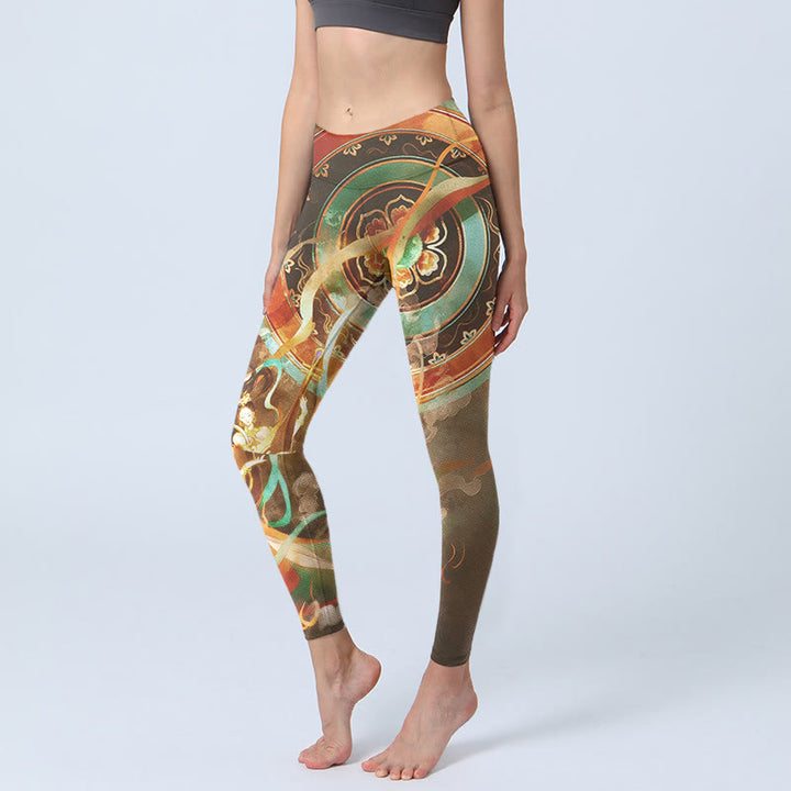 Buddha Stones Mallas de yoga para mujer con estampado de mandala de Apsaras voladoras de Dunhuang - Caqui oscuro - US18，UK/AU22，EU50 (4XL) - image 0