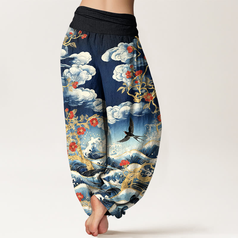 Buddha Stones Pantalones harén de algodón puro con diseño de nubes auspiciosas, flores rojas y olas del océano para mujer, con cintura elástica - image 1