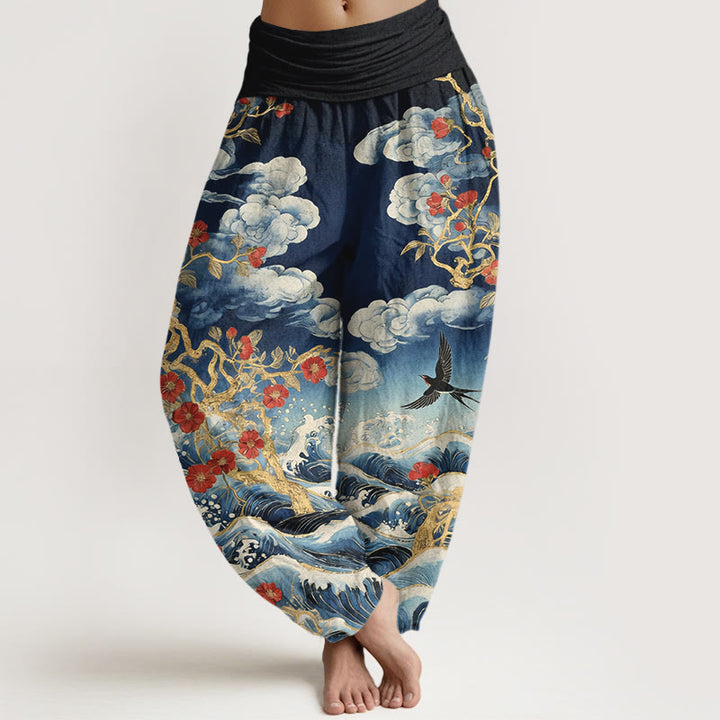 Buddha Stones Pantalones harén de algodón puro con diseño de nubes auspiciosas, flores rojas y olas del océano para mujer, con cintura elástica - Azul acero - US16，UK/AU20，EU48 (3XL) - image 0