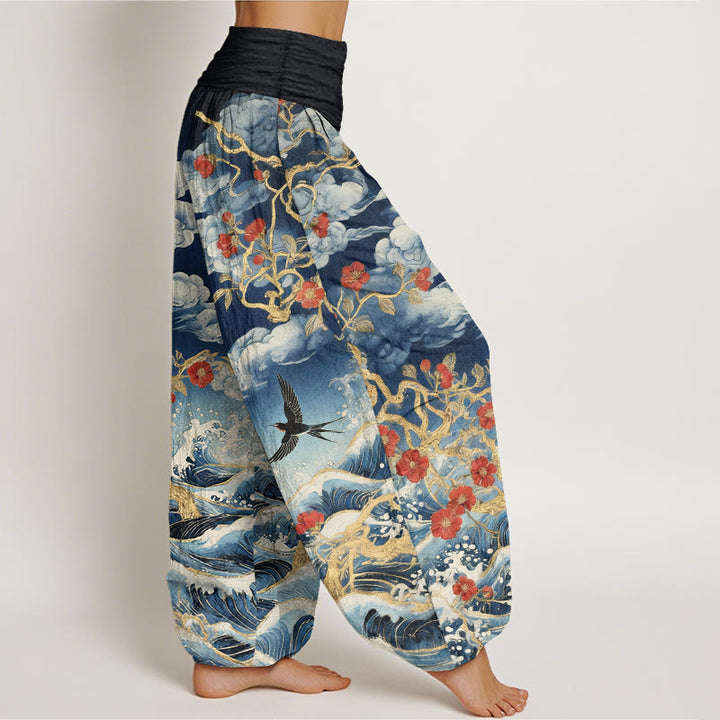 Buddha Stones Pantalones harén de algodón puro con diseño de nubes auspiciosas, flores rojas y olas del océano para mujer, con cintura elástica - image 2