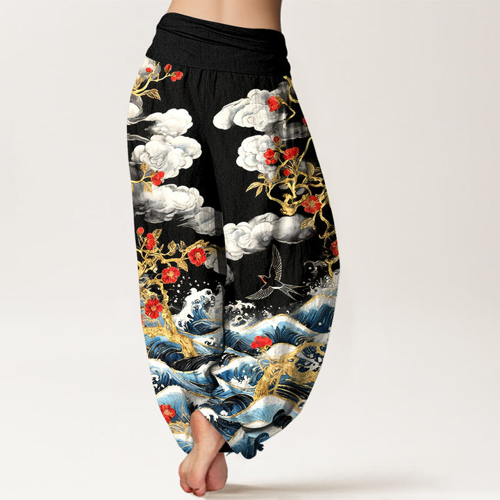 Buddha Stones Pantalones harén de algodón puro con diseño de nubes auspiciosas, flores rojas y olas del océano para mujer, con cintura elástica - image 6