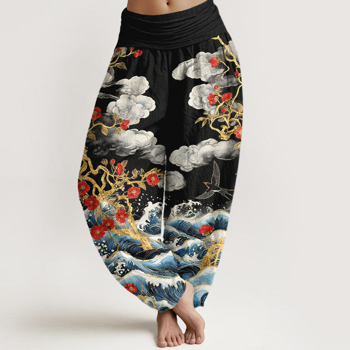 Buddha Stones Pantalones harén de algodón puro con diseño de nubes auspiciosas, flores rojas y olas del océano para mujer, con cintura elástica - Negro - US16，UK/AU20，EU48 (3XL) - image 5