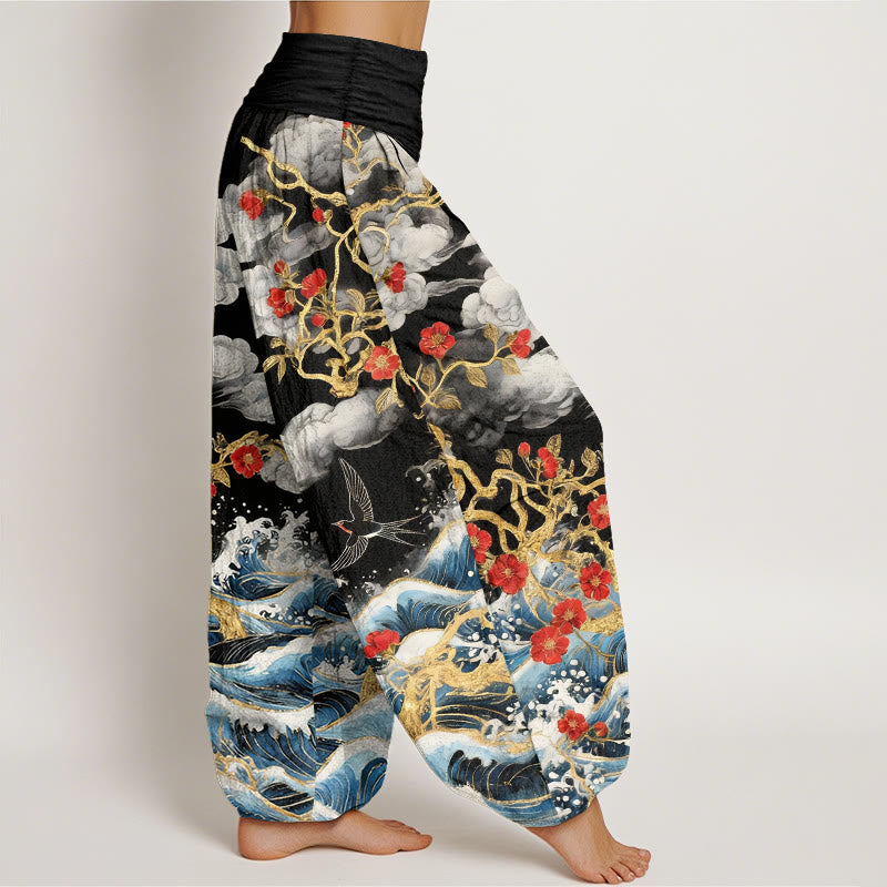 Buddha Stones Pantalones harén de algodón puro con diseño de nubes auspiciosas, flores rojas y olas del océano para mujer, con cintura elástica - image 7