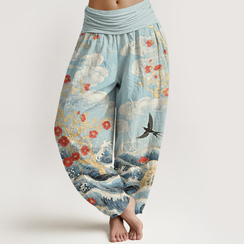 Buddha Stones Pantalones harén de algodón puro con diseño de nubes auspiciosas, flores rojas y olas del océano para mujer, con cintura elástica - Cian claro - US16，UK/AU20，EU48 (3XL) - image 8