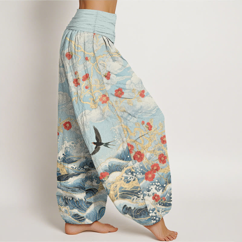Buddha Stones Pantalones harén de algodón puro con diseño de nubes auspiciosas, flores rojas y olas del océano para mujer, con cintura elástica - image 10