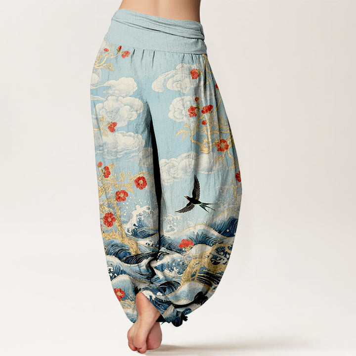 Buddha Stones Pantalones harén de algodón puro con diseño de nubes auspiciosas, flores rojas y olas del océano para mujer, con cintura elástica - image 9