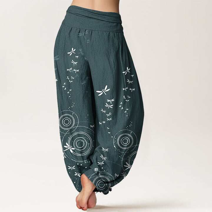Buddha Stones Pantalones harén de algodón puro con cintura elástica y diseño de libélula para mujer - image 2