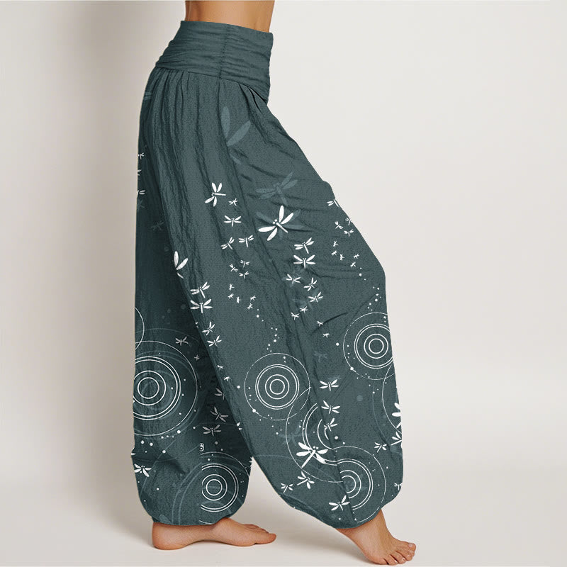 Buddha Stones Pantalones harén de algodón puro con cintura elástica y diseño de libélula para mujer - image 1