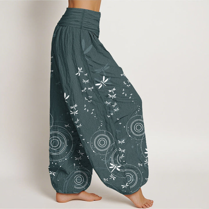 Buddha Stones Pantalones harén de algodón puro con cintura elástica y diseño de libélula para mujer - image 1