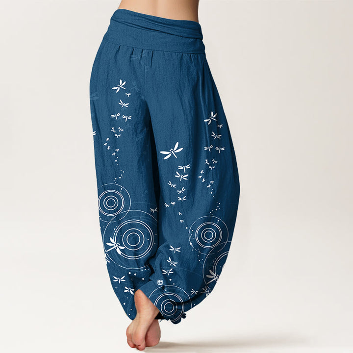 Buddha Stones Pantalones harén de algodón puro con cintura elástica y diseño de libélula para mujer - image 6