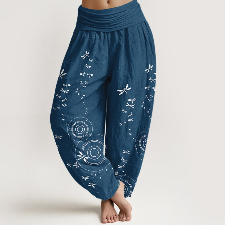 Buddha Stones Pantalones harén de algodón puro con cintura elástica y diseño de libélula para mujer - Azul acero - US16，UK/AU20，EU48 (3XL) - image 5