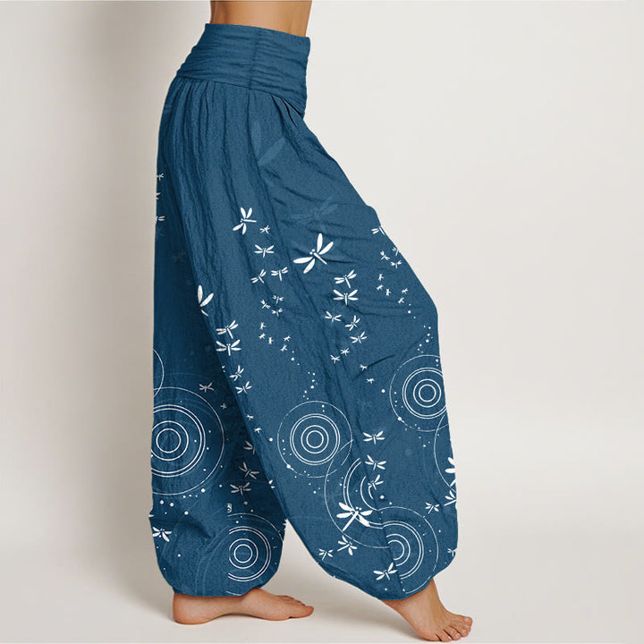 Buddha Stones Pantalones harén de algodón puro con cintura elástica y diseño de libélula para mujer - image 7