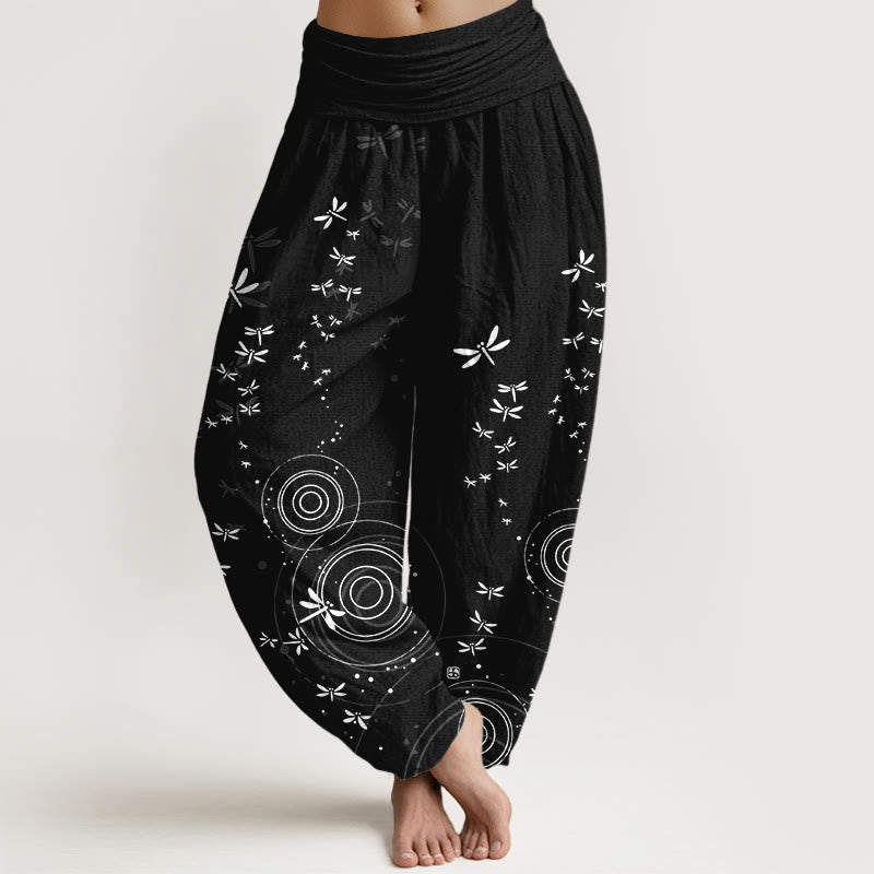 Buddha Stones Pantalones harén de algodón puro con cintura elástica y diseño de libélula para mujer - Negro - US16，UK/AU20，EU48 (3XL) - image 8