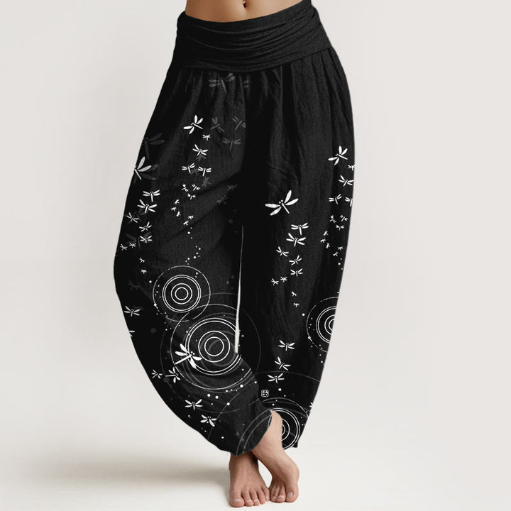 Buddha Stones Pantalones harén de algodón puro con cintura elástica y diseño de libélula para mujer - Negro - US16，UK/AU20，EU48 (3XL) - image 8