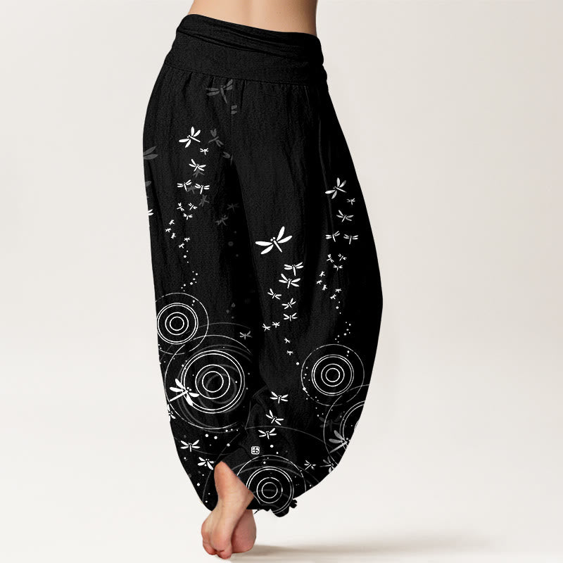 Buddha Stones Pantalones harén de algodón puro con cintura elástica y diseño de libélula para mujer - image 9