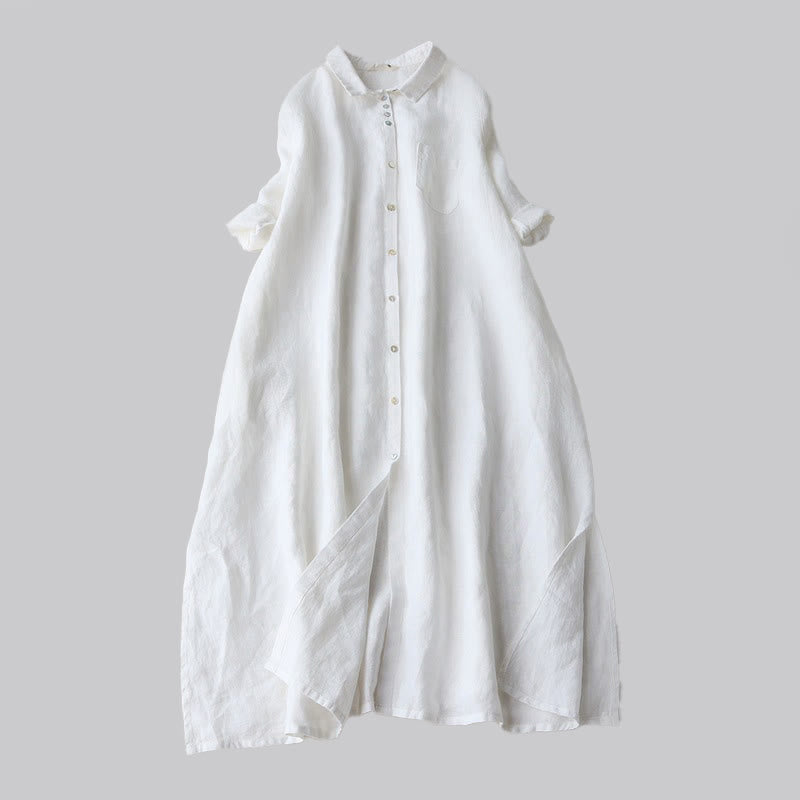 Buddha Stones Vestido midi de otoño para mujer con solapa, botones y mangas tres cuartos con bolsillos - Blanco - US12, UK/AU16, EU44 (2XL) - image 4