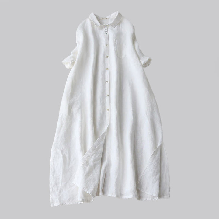 Buddha Stones Vestido midi de otoño para mujer con solapa, botones y mangas tres cuartos con bolsillos - Blanco - US12, UK/AU16, EU44 (2XL) - image 4