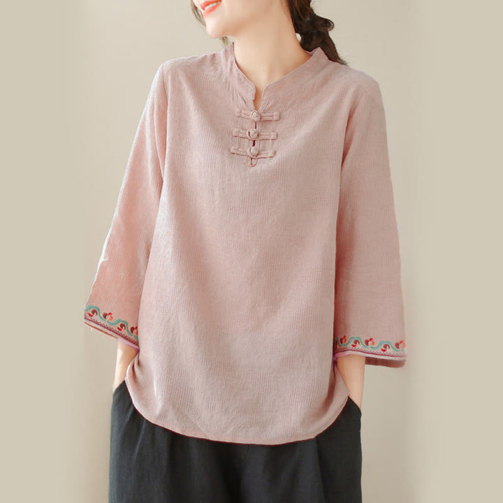 Camisa de algodón para mujer con diseño de Buddha Stones Jacquard, botones de rana, cuello alto, bordado, manga tres cuartos - image 29