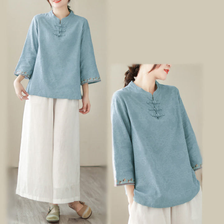 Camisa de algodón para mujer con diseño de Buddha Stones Jacquard, botones de rana, cuello alto, bordado, manga tres cuartos - image 12