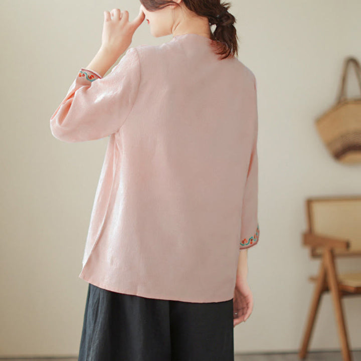 Camisa de algodón para mujer con diseño de Buddha Stones Jacquard, botones de rana, cuello alto, bordado, manga tres cuartos - image 27