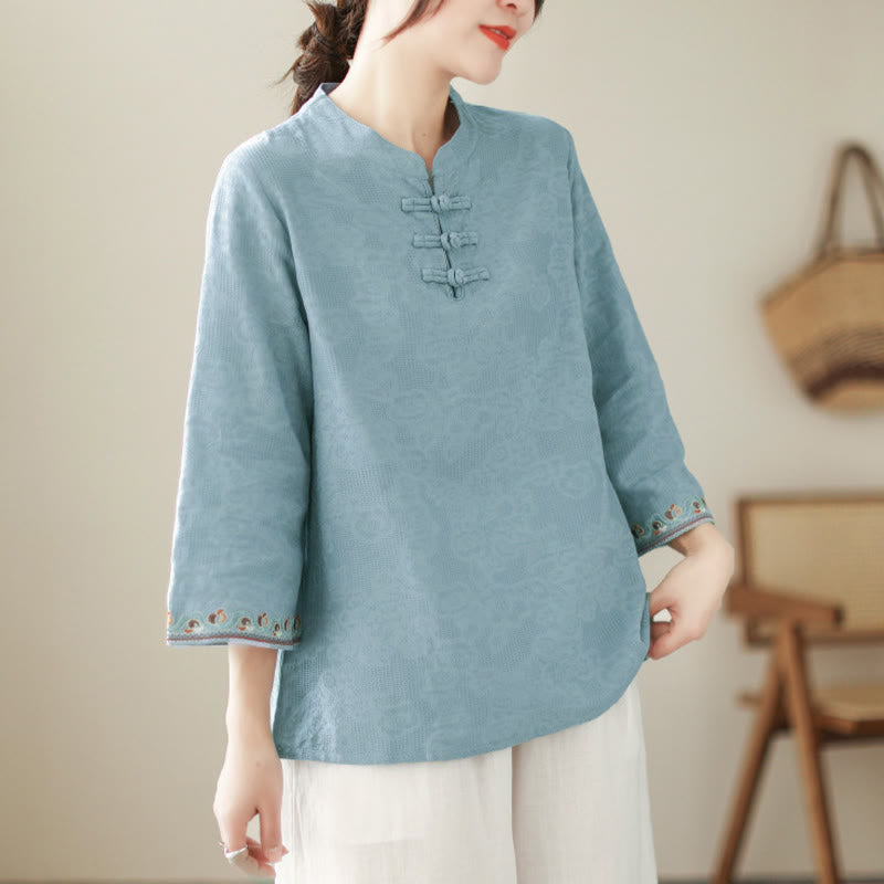 Camisa de algodón para mujer con diseño de Buddha Stones Jacquard, botones de rana, cuello alto, bordado, manga tres cuartos - image 11