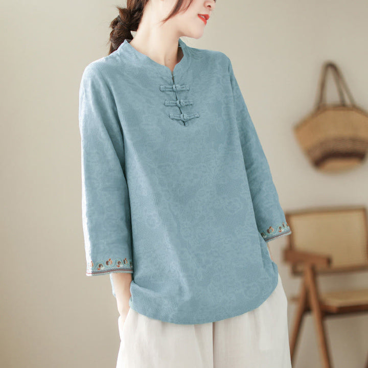 Camisa de algodón para mujer con diseño de Buddha Stones Jacquard, botones de rana, cuello alto, bordado, manga tres cuartos - Celeste - US8-10，UK/AU12-14，EU40-42 (2XL) - image 6