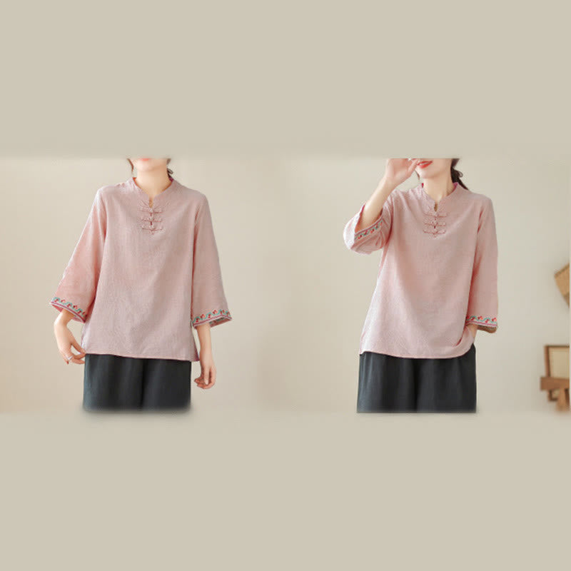 Camisa de algodón para mujer con diseño de Buddha Stones Jacquard, botones de rana, cuello alto, bordado, manga tres cuartos - image 30