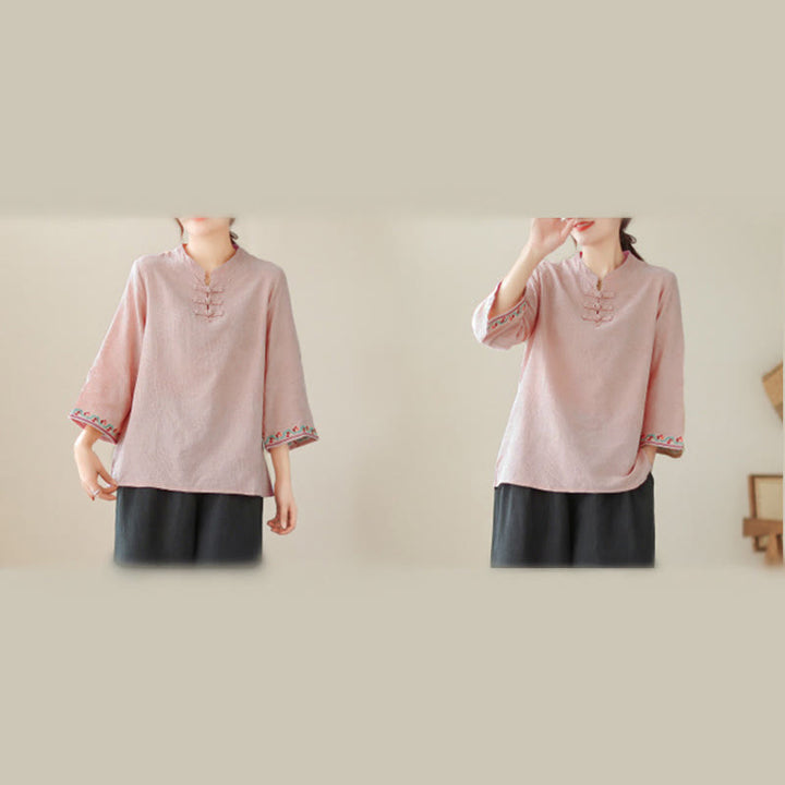 Camisa de algodón para mujer con diseño de Buddha Stones Jacquard, botones de rana, cuello alto, bordado, manga tres cuartos - image 30