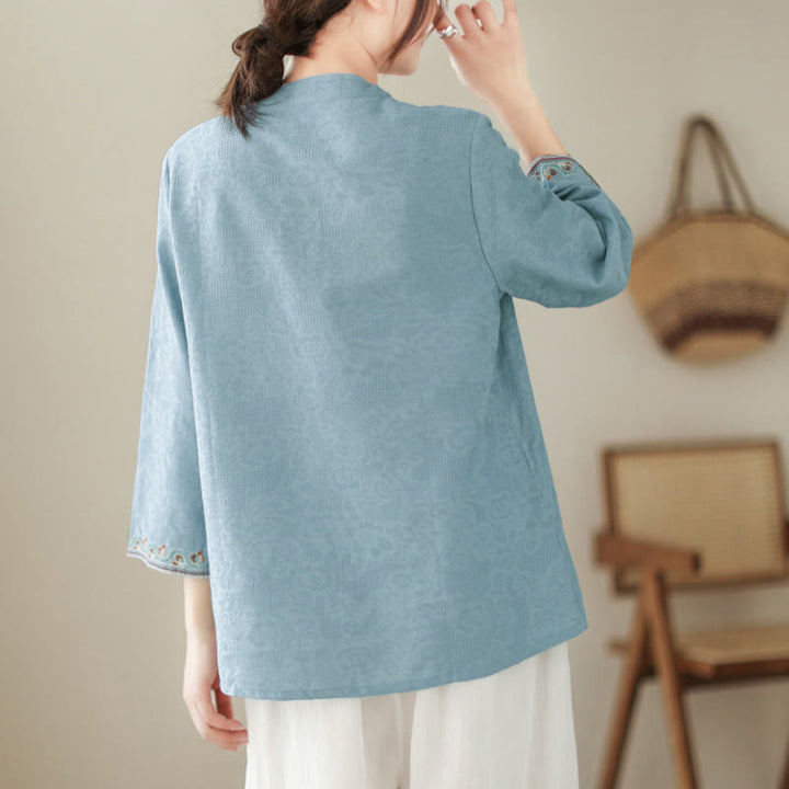 Camisa de algodón para mujer con diseño de Buddha Stones Jacquard, botones de rana, cuello alto, bordado, manga tres cuartos - image 10