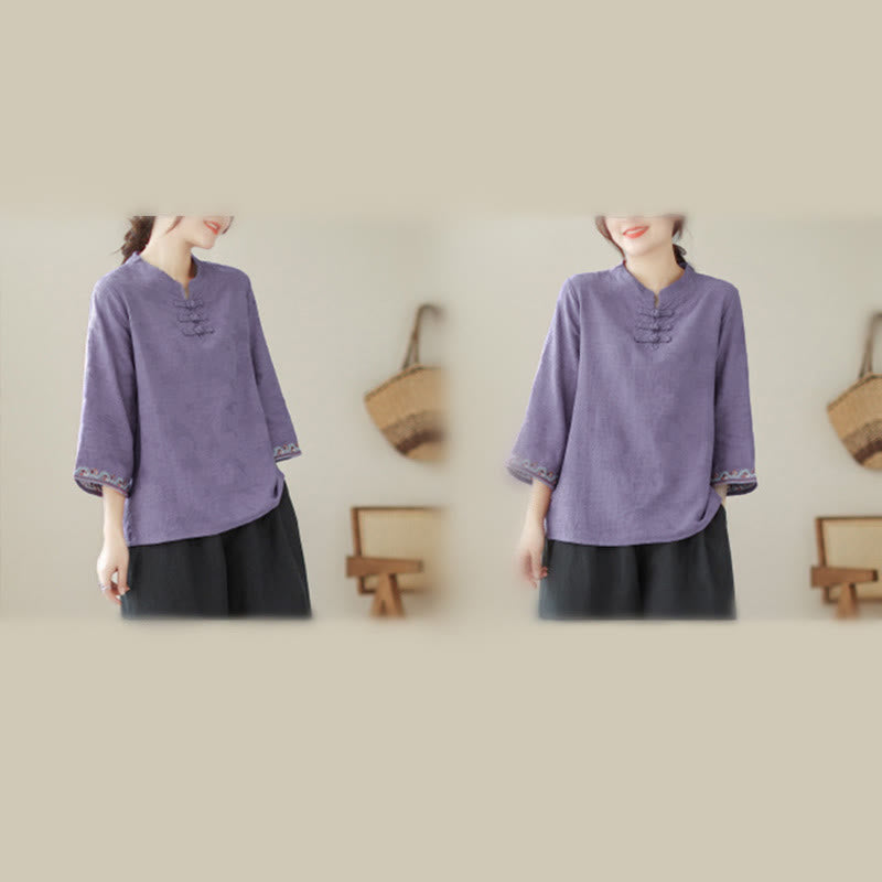 Camisa de algodón para mujer con diseño de Buddha Stones Jacquard, botones de rana, cuello alto, bordado, manga tres cuartos - image 5