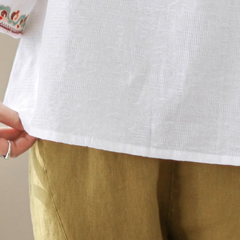 Camisa de algodón para mujer con diseño de Buddha Stones Jacquard, botones de rana, cuello alto, bordado, manga tres cuartos - image 22