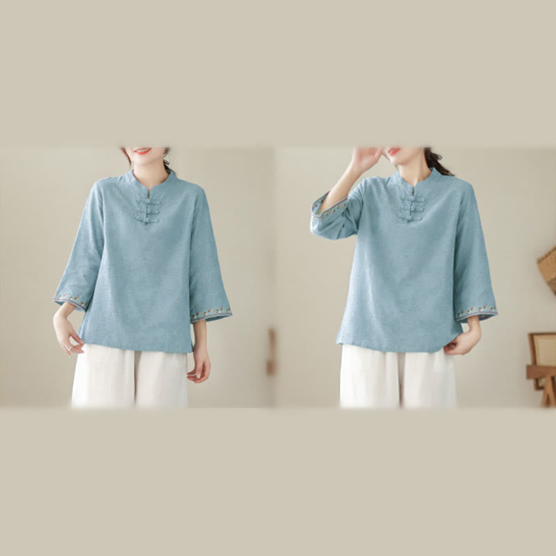 Camisa de algodón para mujer con diseño de Buddha Stones Jacquard, botones de rana, cuello alto, bordado, manga tres cuartos - image 13