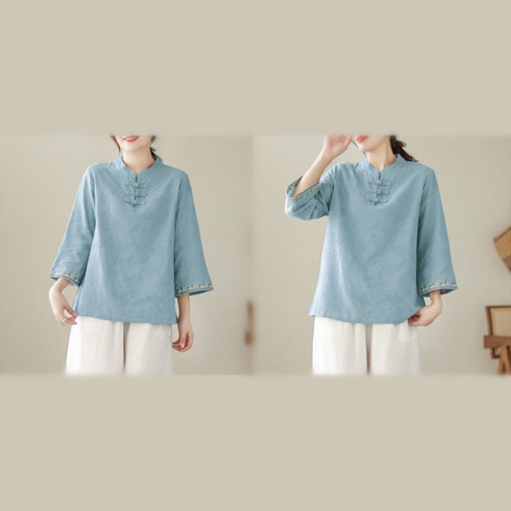 Camisa de algodón para mujer con diseño de Buddha Stones Jacquard, botones de rana, cuello alto, bordado, manga tres cuartos - image 13